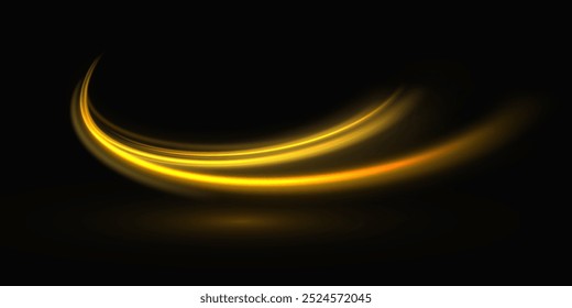 Golden glowing swirl. The effect of moving at the speed of light. Easy trail. Shiny wavy path. Vector.Neon light.