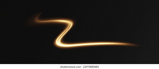 Golden glowing swirl. Light speed motion effect. Light trail. Shiny wavy path. Vector.