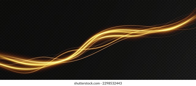 Golden glowing swirl. Light speed motion effect. Light trail. Shiny wavy path. Vector.