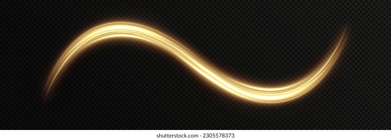 Golden glowing swirl. Light speed motion effect. Light trail. Shiny wavy path. Vector.