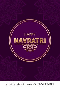 Feliz Navratri sobre fondo púrpura con marco dorado y Elementos abstractos de mandala floral. Elegante diseño festivo para tarjeta de felicitación o cartel para la celebración hindú Navratri.