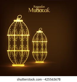 Golden glowing, Traditional floral Lanterns on glossy brown background for Holy Month of Muslim Community Festival, Ramadan Mubarak.