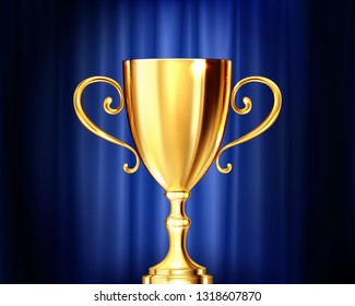 Golden glowing trophy cup on a dark blue background. Realistic vector illustration