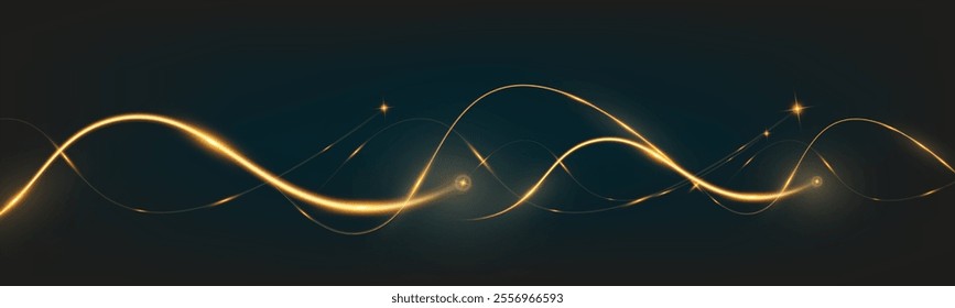 Golden glowing wave lines on dark background with sparkling light effects, elegant abstract design for technology, luxury, or festive themes.	