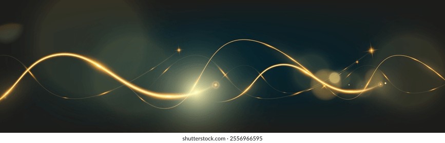 Golden glowing wave lines on dark background with sparkling light effects, elegant abstract design for technology, luxury, or festive themes.	