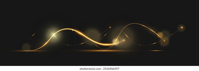 Golden glowing wave lines on dark background with sparkling light effects, elegant abstract design for technology, luxury, or festive themes.	