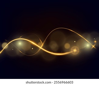 Golden glowing wave lines on dark background with sparkling light effects, elegant abstract design for technology, luxury, or festive themes.	