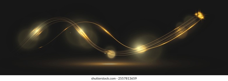 Golden glowing wave lines on dark background with sparkling light effects, elegant abstract design for technology, luxury, or festive themes.