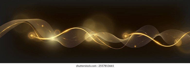 Golden glowing wave lines on dark background with sparkling light effects, elegant abstract design for technology, luxury, or festive themes.