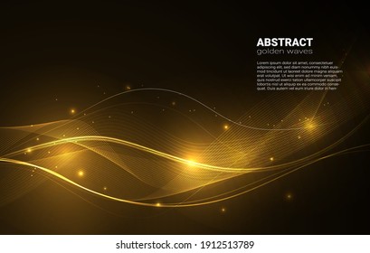 Golden glowing waves with glitter on a dark background. Shiny geometric lines with golden sparkles and glow.