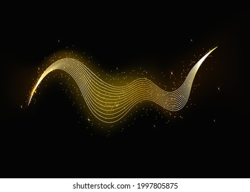 Olas doradas brillantes con brillo en un fondo negro. Líneas geométricas brillantes con chispas doradas y resplandor. Antecedentes abstractos,
