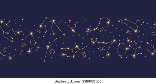 Golden glowing zodiac constellations seamless pattern on night sky map background. Constellations of shiny stars repeating print, starry sky, astrological forecast, horoscope vector illustration