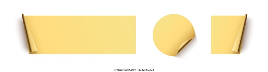 Golden glued square, circle and rectangle stickers with gold curling edges. 3d blank paper labels vector illustration. Badges with twisted edges on white background.