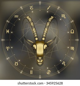 Golden goat portrait, zodiac Capricorn sign for astrological predestination and horoscope
