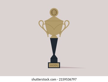 A golden goblet with a bitcoin symbol and a HODL sign engraved on it, successful investment strategies
