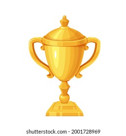 Golden goblet. First place winner, trophy cup, sport award. Isolated vector icon of golden chalice first place cartoon style.