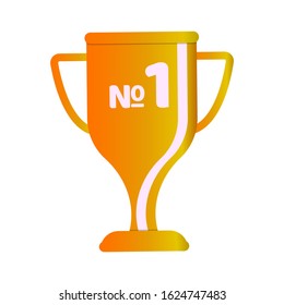 Golden goblet with gradient and shadow isolated on white background. Vector flat cartoon illustration. The inscription number one. Concept: award for the winner, leadership, prize, quality indicator.