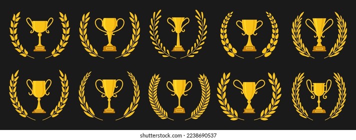 Goldenes Goblet mit Lorbeerkranz-Set. Champion Gold Preis heraldisches Emblem. Verschiedene Form Gewinner Trophäe Symbol. Sieger-Führer-Tassen. Cup gelbe Schilder. Das beste Auswahlsymbol. Meisterschaft-Preis