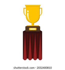 Golden Goblet on a dark red curtain table. Vector illustration. Olympics. First Prize. 