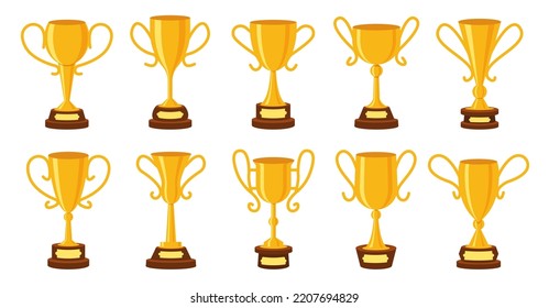 Golden goblet set. Champion gold prize. Different shape winner trophy icon. Victory leaderships cups. Cup yellow cartoon signs. Best choice symbol. Championship award emblem isolated on white