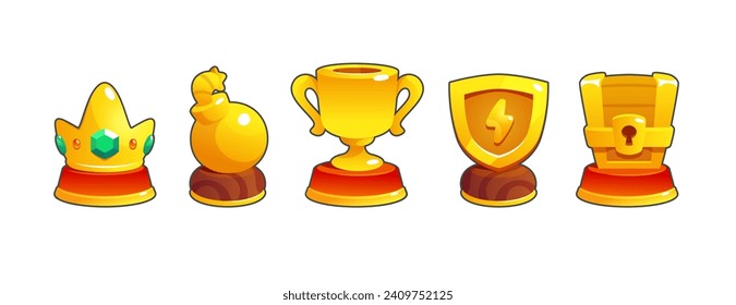 Goldene Goblet-Trophäe verschiedener Formen für Spiel ui Design. Cartoon Vektorset aus verschiedenen Gold Gewinner Preis und Preis - Gewinner-Tasse, Krone mit Edelsteinen und Brust, Schild mit Blitz und Bombe.
