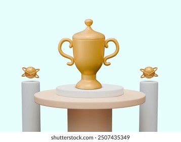 Golden goblet with two handles and lid on circular stage. 3D columns with decorative metal planets