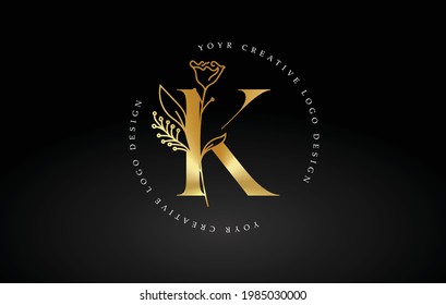 Golden Gold K Letter Design Logo with Floral Leaf Plant Idea for Cosmetic Beauty Personal Branding Logo