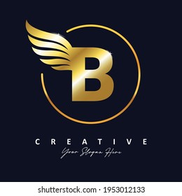 Golden Gold Letter B Luxury Logo. B Letter Design Vector with Wing Vector Illustration.