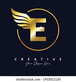Golden Gold Letter E Luxury Logo. E Letter Design Vector with Wing Vector Illustration.