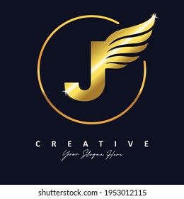 Golden Gold Letter J Luxury Logo. J Letter Design Vector with Wing Vector Illustration.