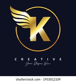 Golden Gold Letter K Luxury Logo. K Letter Design Vector with Wing Vector Illustration.