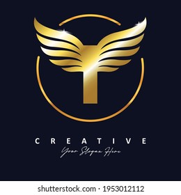 Golden Gold Letter I Luxury Logo. I Letter Design Vector with Wing Vector Illustration.