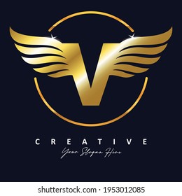 Golden Gold Letter V Luxury Logo. V Letter Design Vector with Wing Vector Illustration.