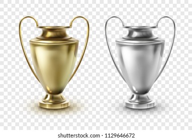 Golden gold and silver football tennis soccer sport game winner champion championship cup trophy award vector realistic illustration isolated on transparent background