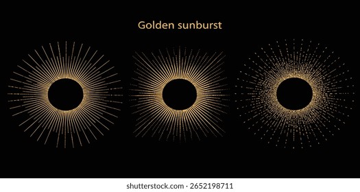 Golden gold sunburst shapes set, collection. Radial rays, sun crowns made of tiny uneven hand drawn dots, glittering beads, yellow spangles, blobs, lights, sparks. Round, ring, square dotted