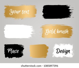 Golden, gold, white and black paint brush banner set with sample text. Vector golden brush stroke, paint brush, line or texture, dirty grunge artistic design element, box, frame or background for text