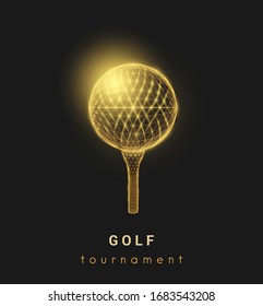 Golden golf ball. Low poly style design. Abstract geometric background. Wireframe light connection structure. Low polygonal design. Modern 3d graphic concept. Isolated vector illustration.