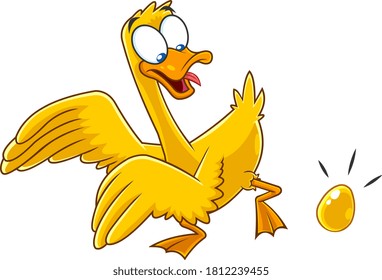 Golden Goose Cartoon Character With Golden Egg. Vector Illustration Isolated On White Background