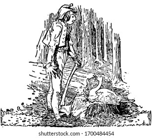The Golden Goose, one goose sitting on half cut tree and talking to a boy who has axe in his hand and long tail cap on his head, they both are surrounded by big trees, vintage line drawing.