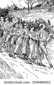 The Golden Goose, People walking in queue with long sticks, heading man has goose in his left hand and whole crowd following him, vintage line drawing or engraving illustration