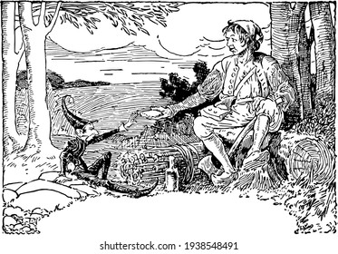 The Golden Goose, this picture has giant man offering his bread to a tiny elf, giant man has ax, bundle of wood sticks, and one bottle, he is sitting on rock, forest in background, vintage