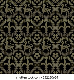 Golden gothic seamless pattern with animals and royal elements in a medieval style. Ornament for a tiles and mosaics. Vector file