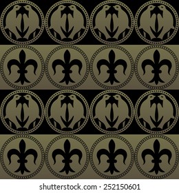 Golden gothic seamless pattern with birds and royal elements in a medieval style. Ornament for a tiles and mosaics. Vector file 