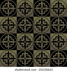 Golden gothic seamless pattern. Geometrical royal elements in a medieval style. Ornament for a tiles and mosaics. Vector illustration 
