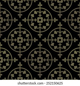 Golden gothic seamless pattern. Geometrical royal elements in a medieval style. Ornament for a tiles and mosaics. Vector illustration 