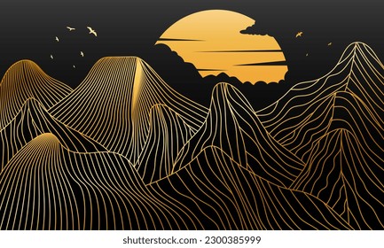 Golden gradient abstract mountain line art
