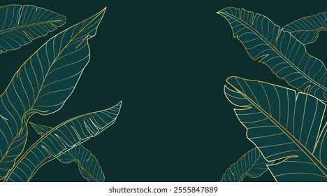 Golden gradient background with banana leaves. Hand drawn luxury tropical leaves on green background. Best for prints, banner, poster, cover, wallpapers.