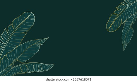 Golden gradient background with banana leaves. Hand drawn luxury tropical leaves on green background. Best for prints, banner, poster, cover, wallpapers.