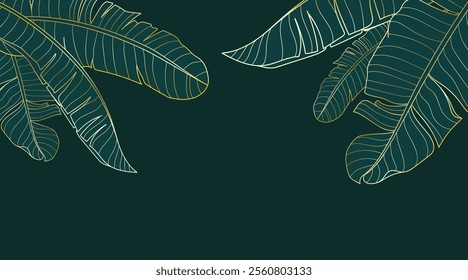 Golden gradient background with banana leaves. Hand drawn luxury tropical leaves on green background. Best for prints, banner, poster, cover, wallpapers.