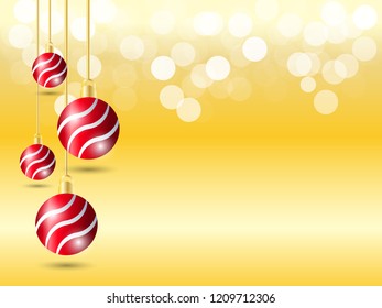 Golden Gradient background with bokeh light.  Christmas background with four hanging Red ribbon ball decoration in left side. Suitable for banner, flyer, poster, wallpaper